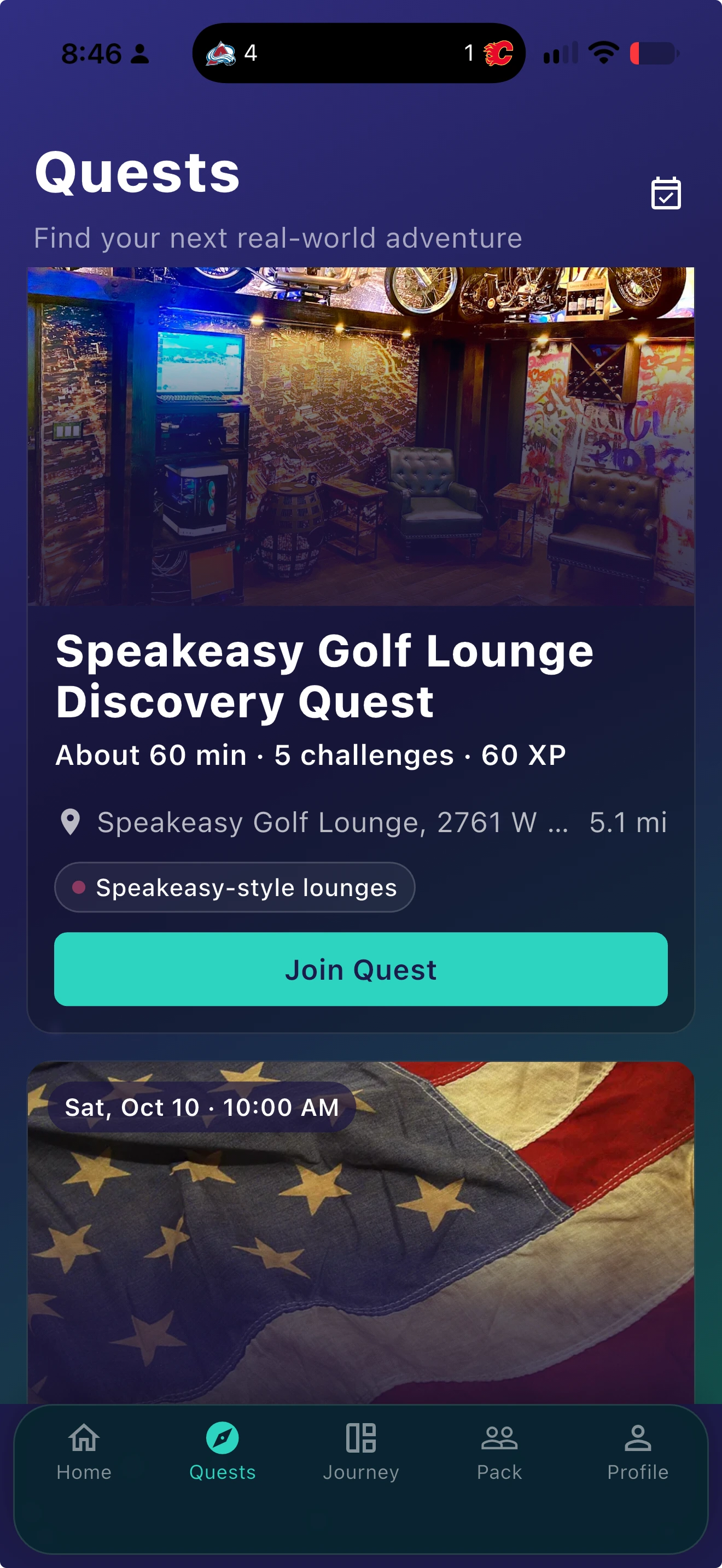 Kyndlo Quests screen showing the Speakeasy Golf Lounge Discovery Quest, challenges, XP and Join Quest action.